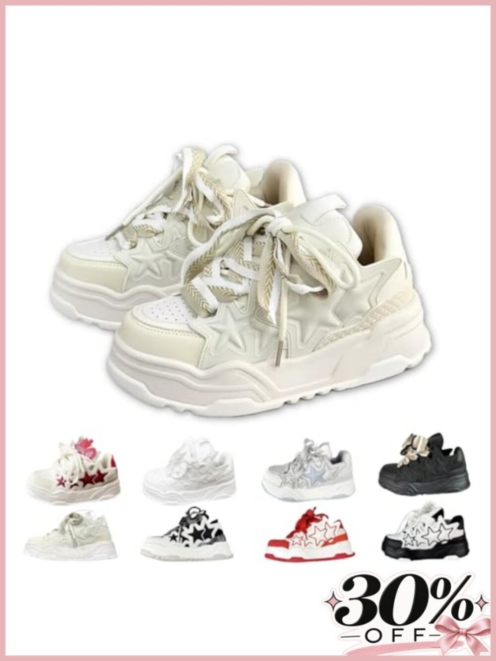 Women star chunky sneakers thick sole lace-up PU leather